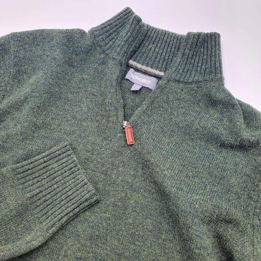 Bonobos Mens L Slim Fit 100% Lambswool Quarter Zip Sweater Green Heathered